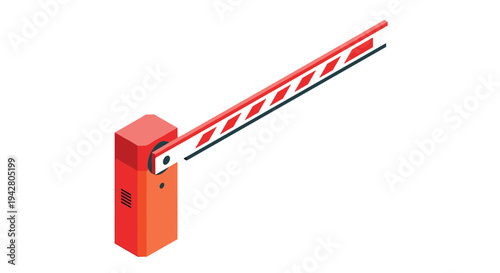 Isometric red automatic barrier gate arm raised, blocking passage for vehicles on a white background.