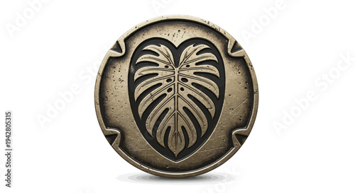 Ornate coin with monstera leaf heart emblem, vintage style