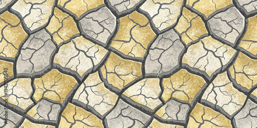 Close-up view of cracked and dry earth with yellowish and grayish hues Vector