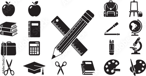 Education icons and school supplies in black and white