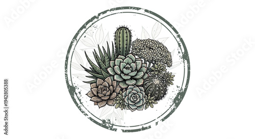 Succulent plant arrangement in a circular frame, botanical illustration