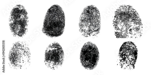 Abstract fingerprint imprint texture set. vector black grunge distressed ink evidence technology artistic dirty background design.
