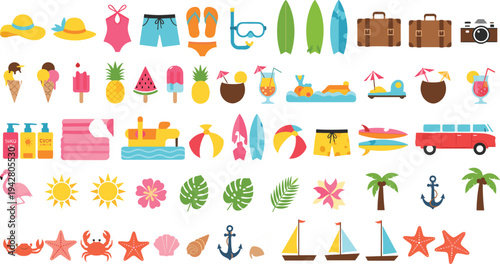 Summer Vacation Icon Set Featuring Beach Items, Surfboards, Ice Cream, Tropical Drinks, Palm Trees, and Sea Life Elements