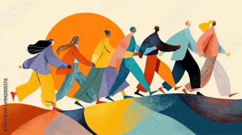 Diverse group walking forward under bright sun illustration