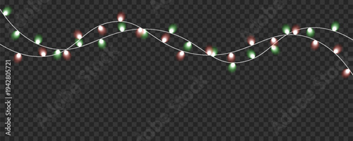 Illuminated string lights with glowing white and green bulbs cascade across a transparent dark background high-quality