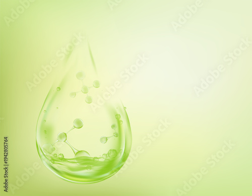 Green transparent serum drop,Molecule inside falling from pipette.Natural skincare essence, Aloe vera extract,Antioxidant,Vitamin concept.3d Cosmetic science background for beauty product advertising