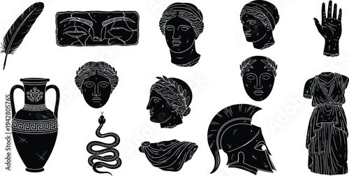 Ancient Greek Roman Mythology Illustration Set with Antique Statues Amphora Spartan Helmet Snake and Goddess Busts in Black Linocut Vector Style