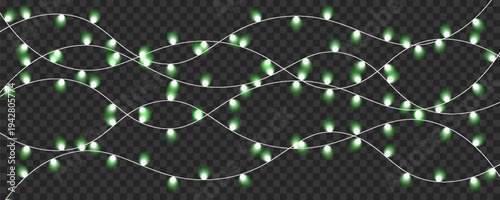 Illuminated string lights with glowing white and green bulbs cascade across a transparent dark background high-quality