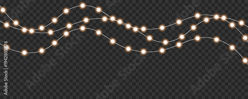 Illuminated string lights with glowing white and green bulbs cascade across a transparent dark background high-quality