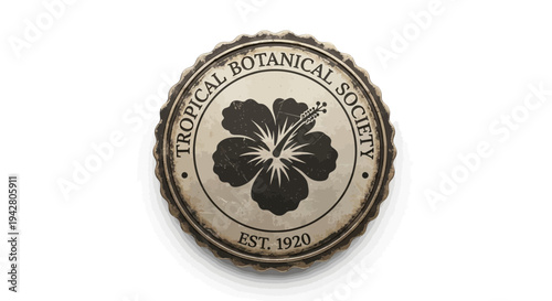 Vintage Tropical Botanical Society Emblem with Hibiscus Flower