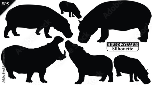 Black silhouette of Hippopotamus isolated on white background, Beautiful Hippopotamus logo icon vector design, standing, Hippopotamus silhouette vector illustration, vector. Black Hippo Silhouette 