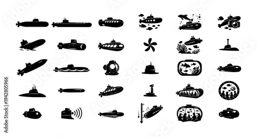Submarine Silhouette Icons Set – Naval Submarines, Underwater Exploration and Marine Technology Vector Collection