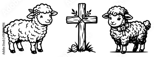 Christian Easter set featuring fluffy lambs and a wooden religious cross in black line art style
