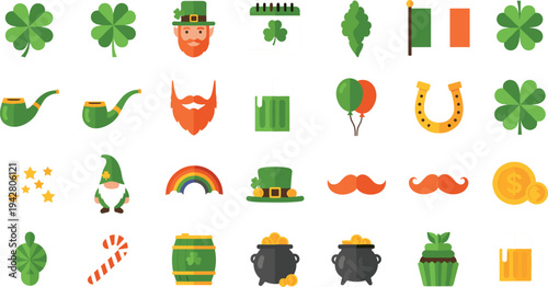 St Patrick Day Icon Set Featuring Clover, Leprechaun, Rainbow, Beer Mug, Horseshoe, and Irish Flag Holiday Symbols