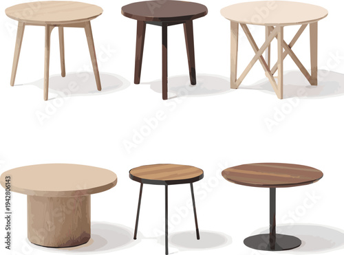 Create a realistic kinds of deferent Round wooden side table Round wooden side table , modern minimalist furniture for living room or bedroom decormodern minimalist furniture for living vector art.