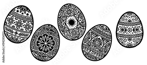 Easter egg collection with traditional geometric folk patterns and ornamental designs in line art style