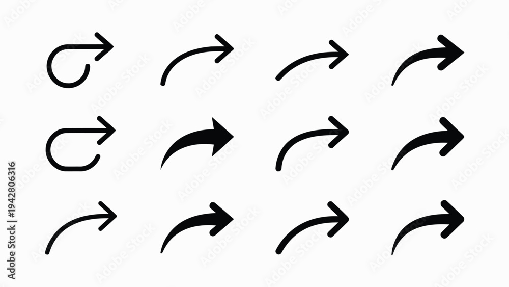 Obraz premium Black Curved Arrows Vector Icons – Right Direction Styles