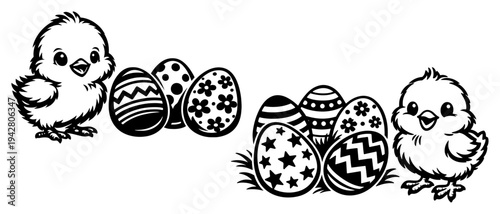 Easter chicks and decorated eggs in nature black and white linework style