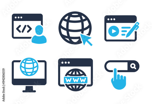 Internet and coding icons for web programming, online research, and content management