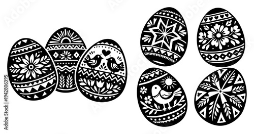 Group of decorated easter eggs with floral folk patterns black and white line art