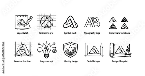Logo design process elements icons showing sketch, grid, symbols and typography