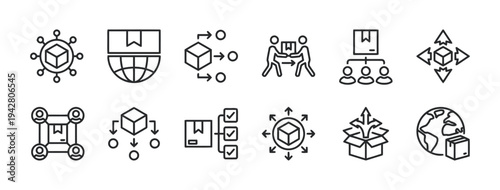 Logistics and supply chain icons depicting distribution and delivery networks