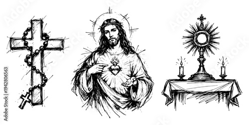 Christian religious symbols set including Jesus Sacred Heart rosary and holy monstrance in hand drawn sketch style