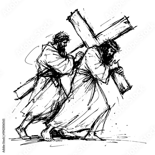 Photography Jesus Christ carrying the heavy cross helped by Simon of Cyrene in expressive in