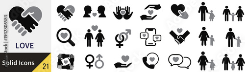 Love solid icons vector collection illustrating various aspects of affection and relationships
