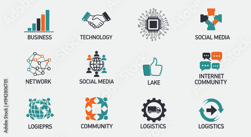 Set of colorful flat icons representing business, technology, social media, community, and logistics concepts.
