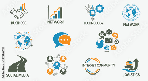 Set of colorful business and technology icons representing network and social media concepts.