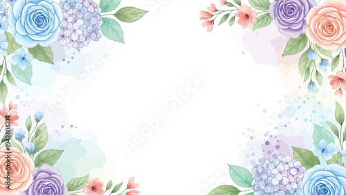 A delicate watercolor floral border featuring a pastel palette of blue, purple, pink, and peach roses, hydrangeas, and small blossoms, creating an airy and romantic frame for text or design.