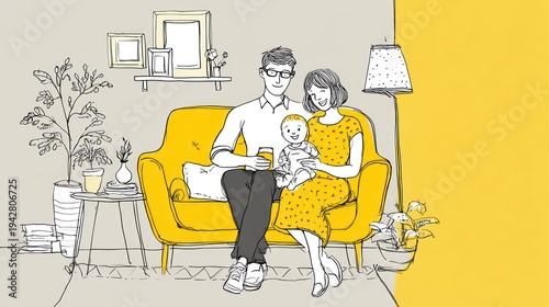 Family illustration parents and child relaxing on a yellow sofa