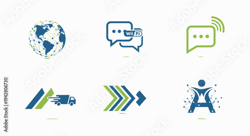 Set of global communication and internet technology icons with symbols for world, chat, messaging, delivery, and connectivity.