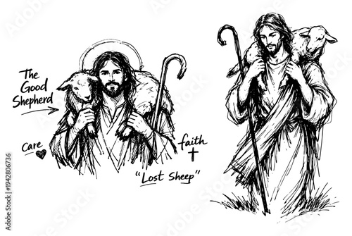 Good Shepherd Jesus Christ with lost sheep and religious text labels in hand drawn graphic style