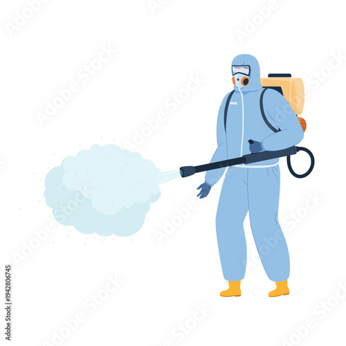 An illustration of the process of spraying a disinfectant for pest control in a work environment, performed by a worker wearing protective equipment.