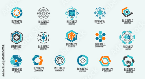 Set of sixteen diverse business and technology related icons in blue and orange colors.