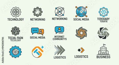 Set of colorful technology and business icons representing networking and logistics concepts.