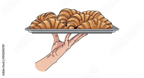 Hand holding tray of croissants.