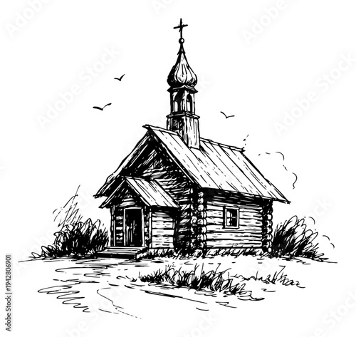 Small wooden church chapel in the field black and white hand drawn sketch