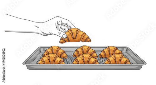 Hand holding croissant over tray.