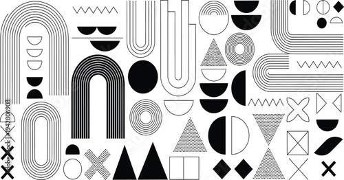 Cuadro en lienzo Abstract Geometric Shape Collection with Bauhaus Line Art Minimalist Black and W