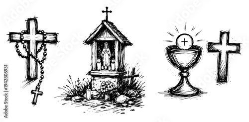 Religious symbols set with cross rosary roadside shrine and chalice black and white sketch