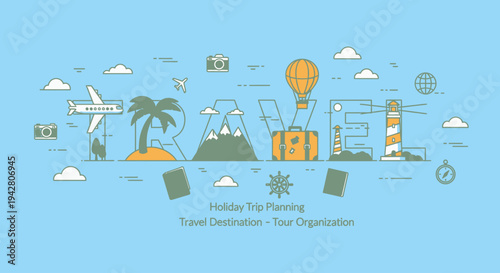 Illustration of holiday trip planning with travel destination icons and transportation methods.