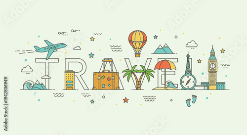 Creative illustration of travel concept with famous landmarks and transportation icons.
