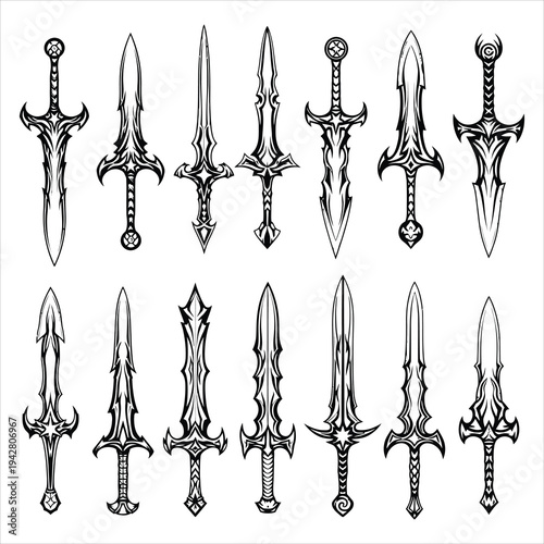 A collection of stylized fantasy swords with intricate designs, featuring sharp blades and decorative hilts, presented in a clear, black and white illustration format for concept art or gaming assets.