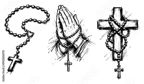 Praying hands holding rosary and holy cross with beads in hand drawn sketch style