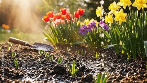 Wallpaper Mural Watering young plants in a vibrant spring garden with blooming flowers and a gardening trowel. Torontodigital.ca
