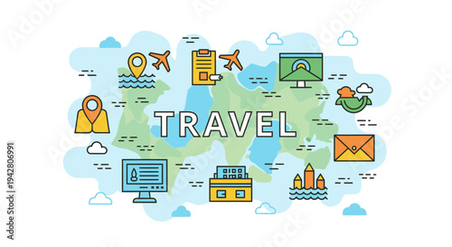 Conceptual illustration of travel planning and transportation icons.