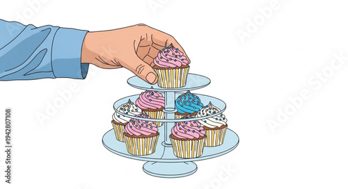 Hand Holding Cupcakes on Stand.